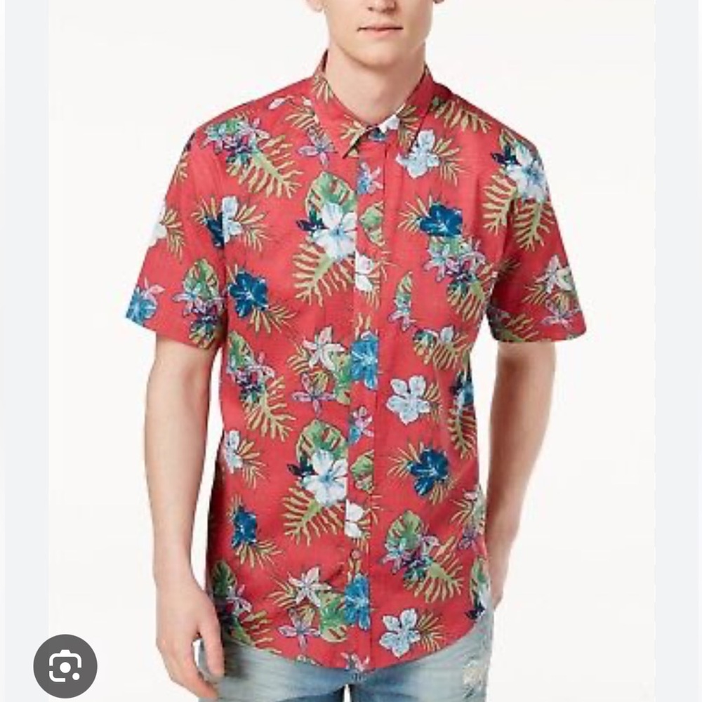 American Rag Men'S Classic Fit Red Blue Floral Short Sleeve Button Shirt L
